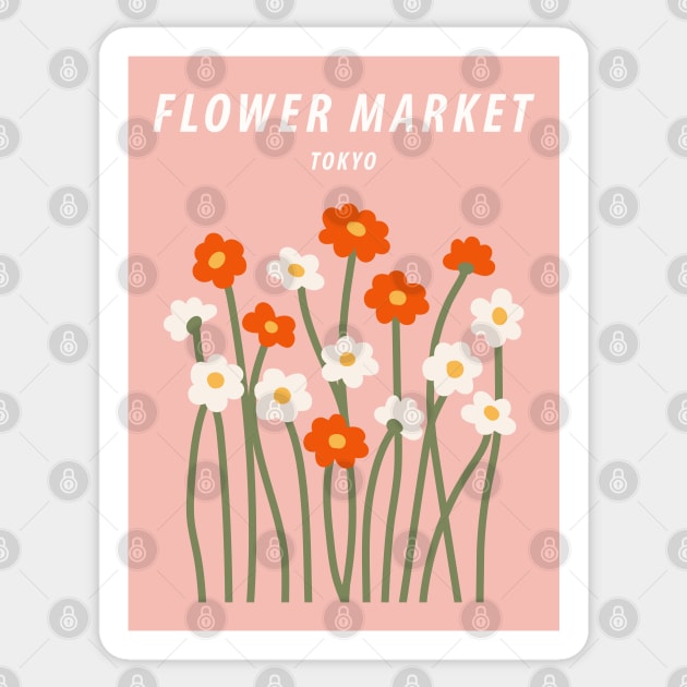 Flower market poster, Tokyo, Chamomile, Daisy art print, Cute pink flowers, Posters aesthetic, Floral art Sticker by KristinityArt